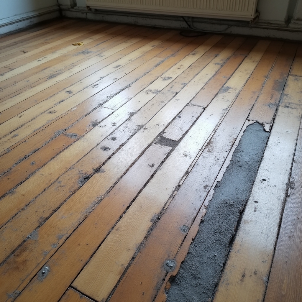 Abgenutzter Holzboden vor der Renovierung in Wien-Favoriten